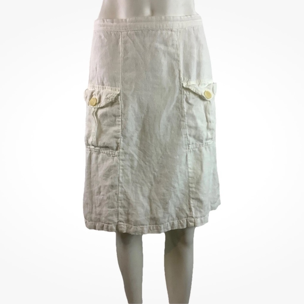 Flax Sz P 100% Linen A-Line Pocket Front Cargo Skirt White Lightweight Beach
